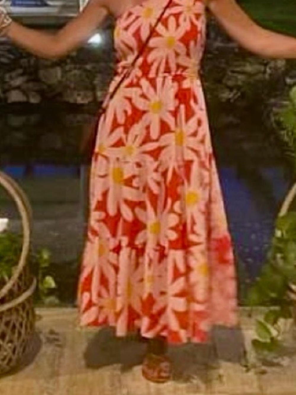 One-Shoulder Pink & Red Daisy Midi Dress s